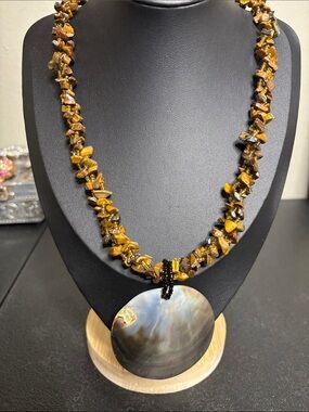 Handcrafted Tiger Eye Chip Necklace Mother of Pearl Iridescent Shell Pendant